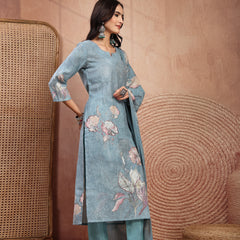 Elegant Green Cotton Printed Straight Kurta Trouser Set