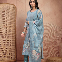 Elegant Green Cotton Printed Straight Kurta Trouser Set