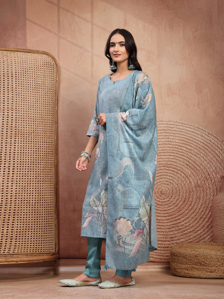 Elegant Green Cotton Printed Straight Kurta Trouser Set
