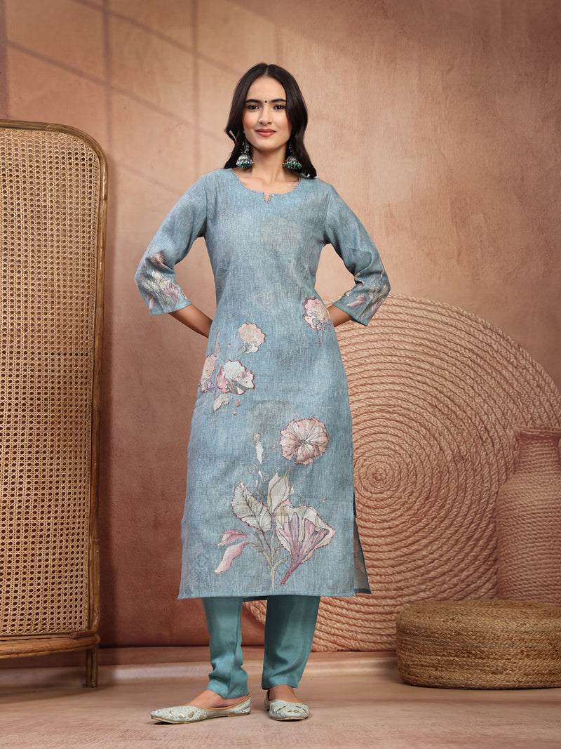 Elegant Green Cotton Printed Straight Kurta Trouser Set