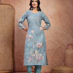 Elegant Green Cotton Printed Straight Kurta Trouser Set