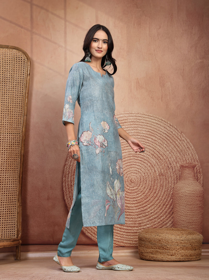 Elegant Green Cotton Printed Straight Kurta Trouser Set
