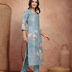 Elegant Green Cotton Printed Straight Kurta Trouser Set