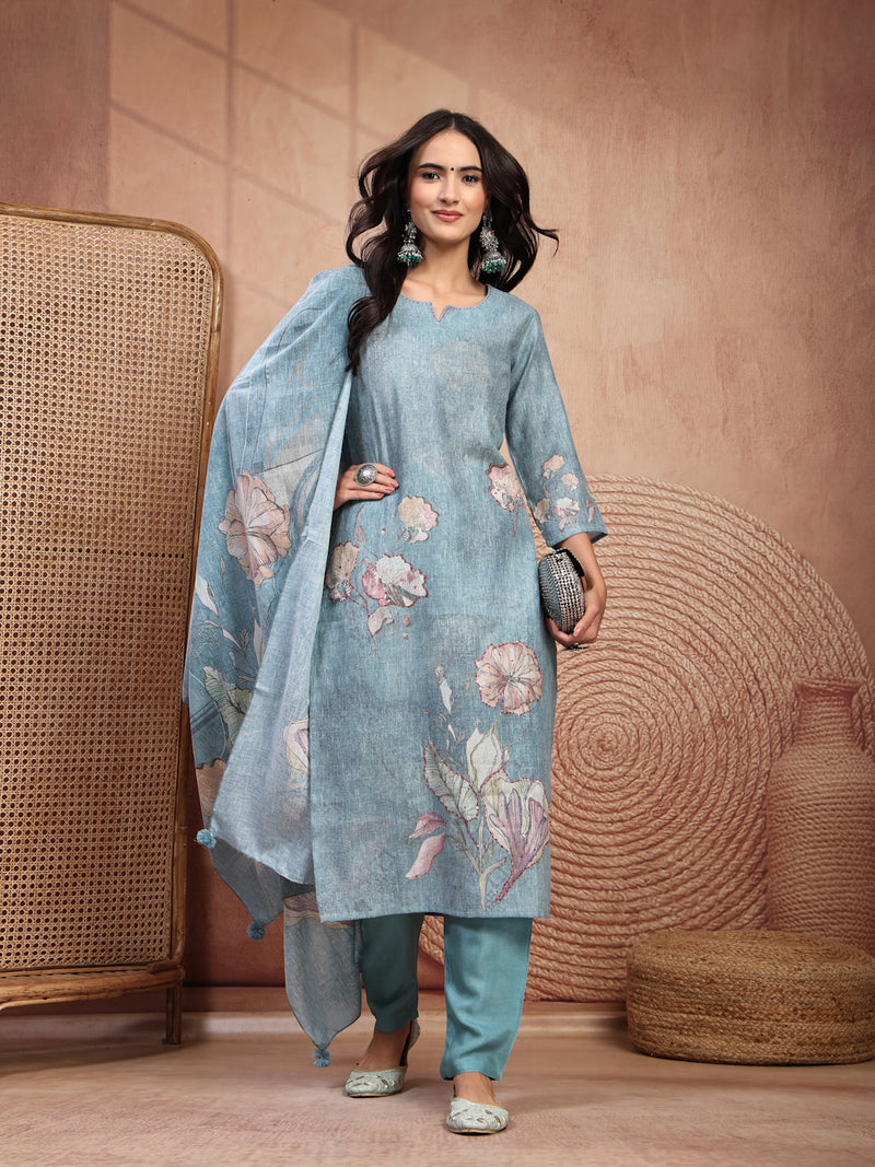 Elegant Green Cotton Printed Straight Kurta Trouser Set