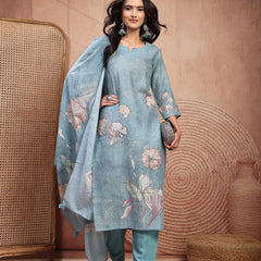 Elegant Green Cotton Printed Straight Kurta Trouser Set