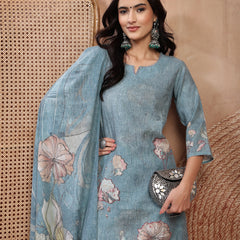 Elegant Green Cotton Printed Straight Kurta Trouser Set