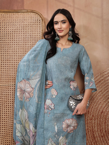 Elegant Green Cotton Printed Straight Kurta Trouser Set