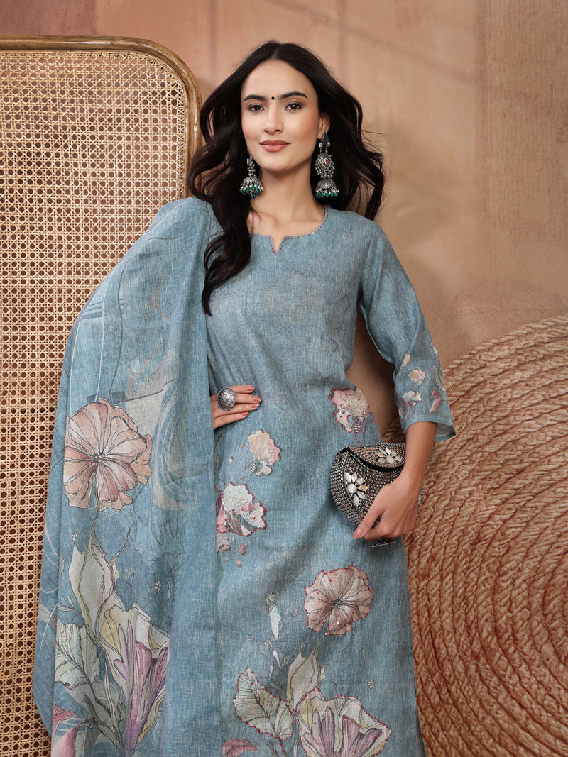 Elegant Green Cotton Printed Straight Kurta Trouser Set