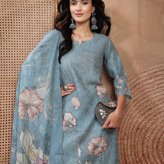 Elegant Green Cotton Printed Straight Kurta Trouser Set