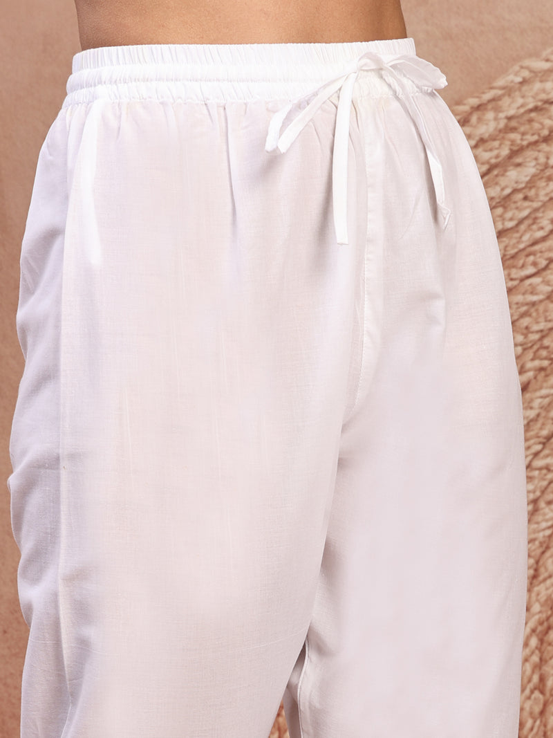 Elegant White Cotton Anarkali Set with Embroidery & V-Neck