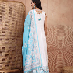 Elegant White Cotton Anarkali Set with Embroidery & V-Neck