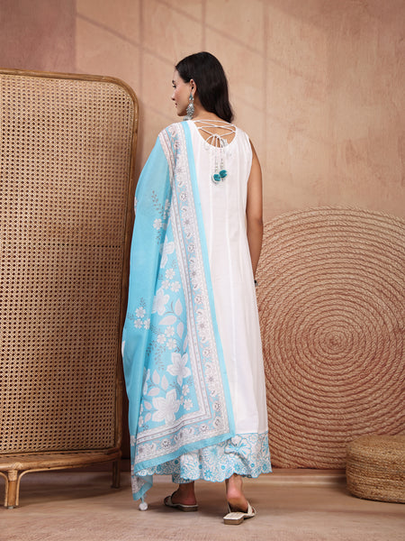 Elegant White Cotton Anarkali Set with Embroidery & V-Neck