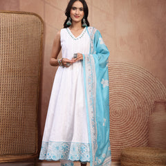 Elegant White Cotton Anarkali Set with Embroidery & V-Neck