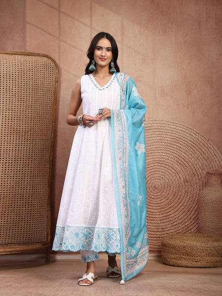 Elegant White Cotton Anarkali Set with Embroidery & V-Neck
