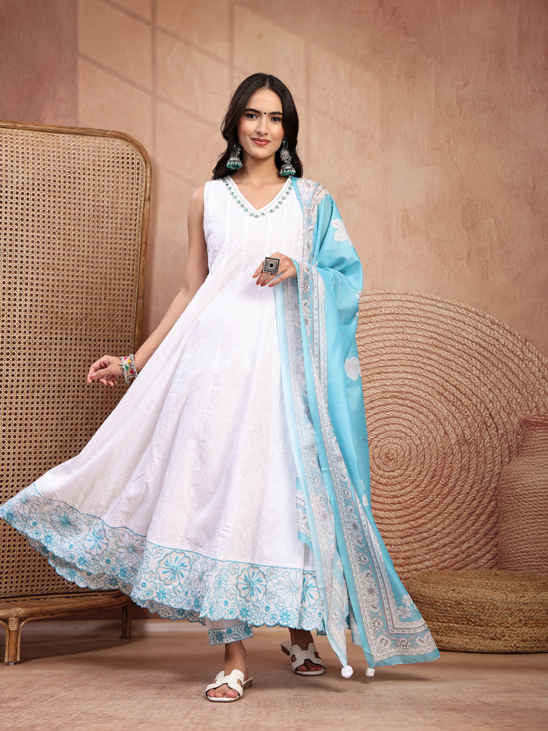 Elegant White Cotton Anarkali Set with Embroidery & V-Neck