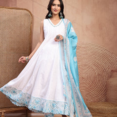 Elegant White Cotton Anarkali Set with Embroidery & V-Neck
