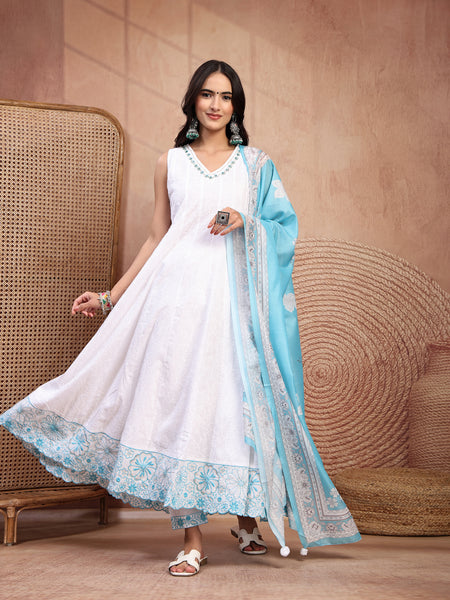 Elegant White Cotton Anarkali Set with Embroidery & V-Neck