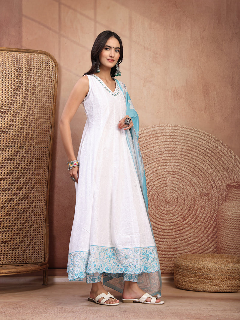 Elegant White Cotton Anarkali Set with Embroidery & V-Neck
