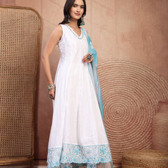Elegant White Cotton Anarkali Set with Embroidery & V-Neck