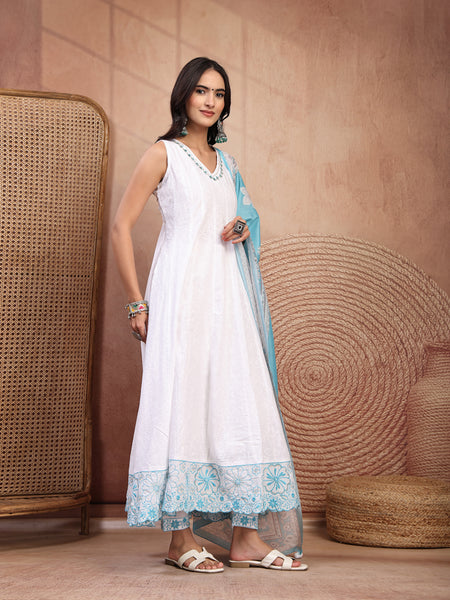 Elegant White Cotton Anarkali Set with Embroidery & V-Neck