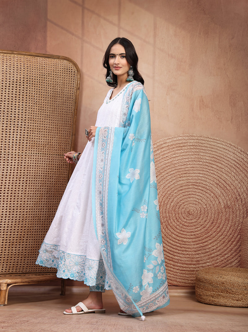 Elegant White Cotton Anarkali Set with Embroidery & V-Neck