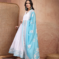 Elegant White Cotton Anarkali Set with Embroidery & V-Neck