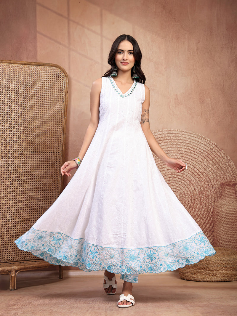 Elegant White Cotton Anarkali Set with Embroidery & V-Neck