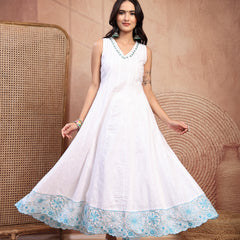 Elegant White Cotton Anarkali Set with Embroidery & V-Neck