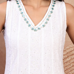 Elegant White Cotton Anarkali Set with Embroidery & V-Neck