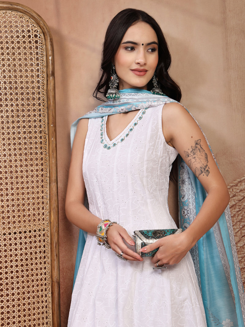 Elegant White Cotton Anarkali Set with Embroidery & V-Neck