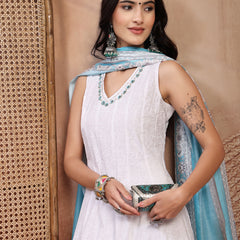 Elegant White Cotton Anarkali Set with Embroidery & V-Neck