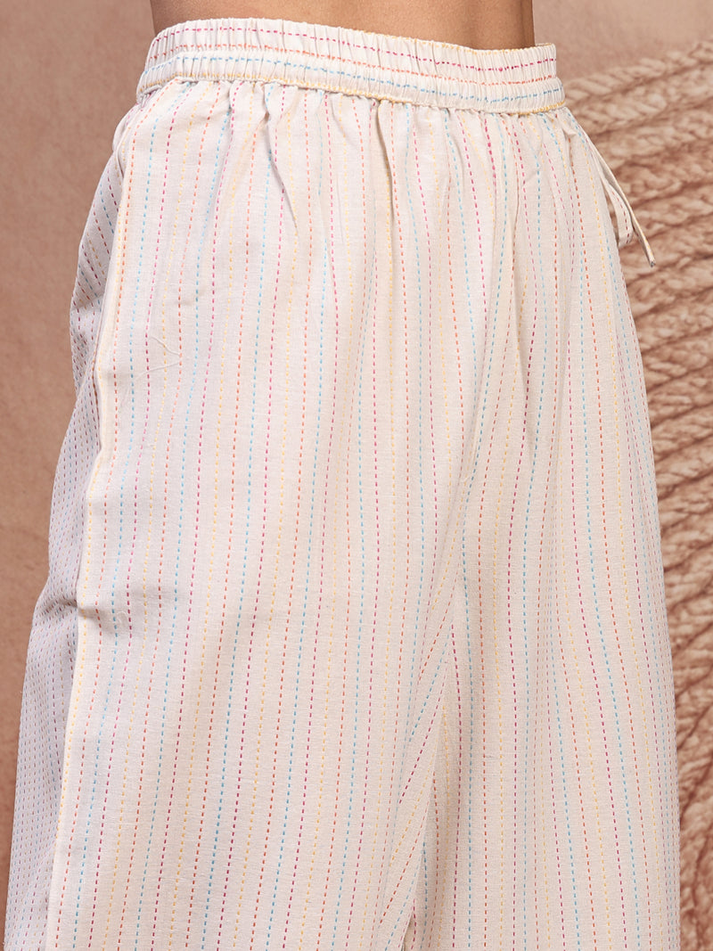 Elegant Off White Cotton Printed Straight Kurta Palazzo Set with Mandarin Collar