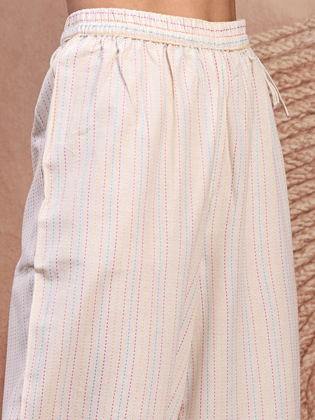 Elegant Off White Cotton Printed Straight Kurta Palazzo Set with Mandarin Collar