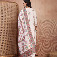 Elegant Off White Cotton Printed Straight Kurta Palazzo Set with Mandarin Collar