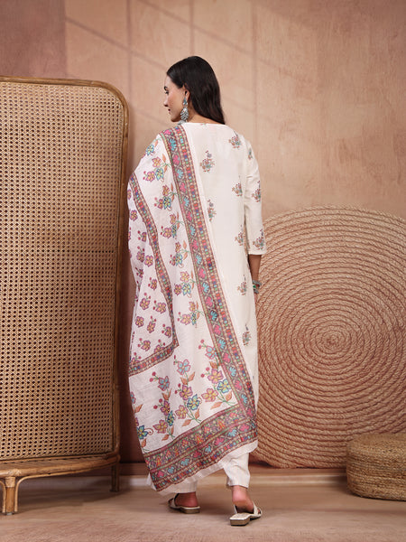 Elegant Off White Cotton Printed Straight Kurta Palazzo Set with Mandarin Collar