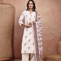 Elegant Off White Cotton Printed Straight Kurta Palazzo Set with Mandarin Collar