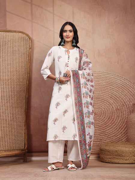 Elegant Off White Cotton Printed Straight Kurta Palazzo Set with Mandarin Collar