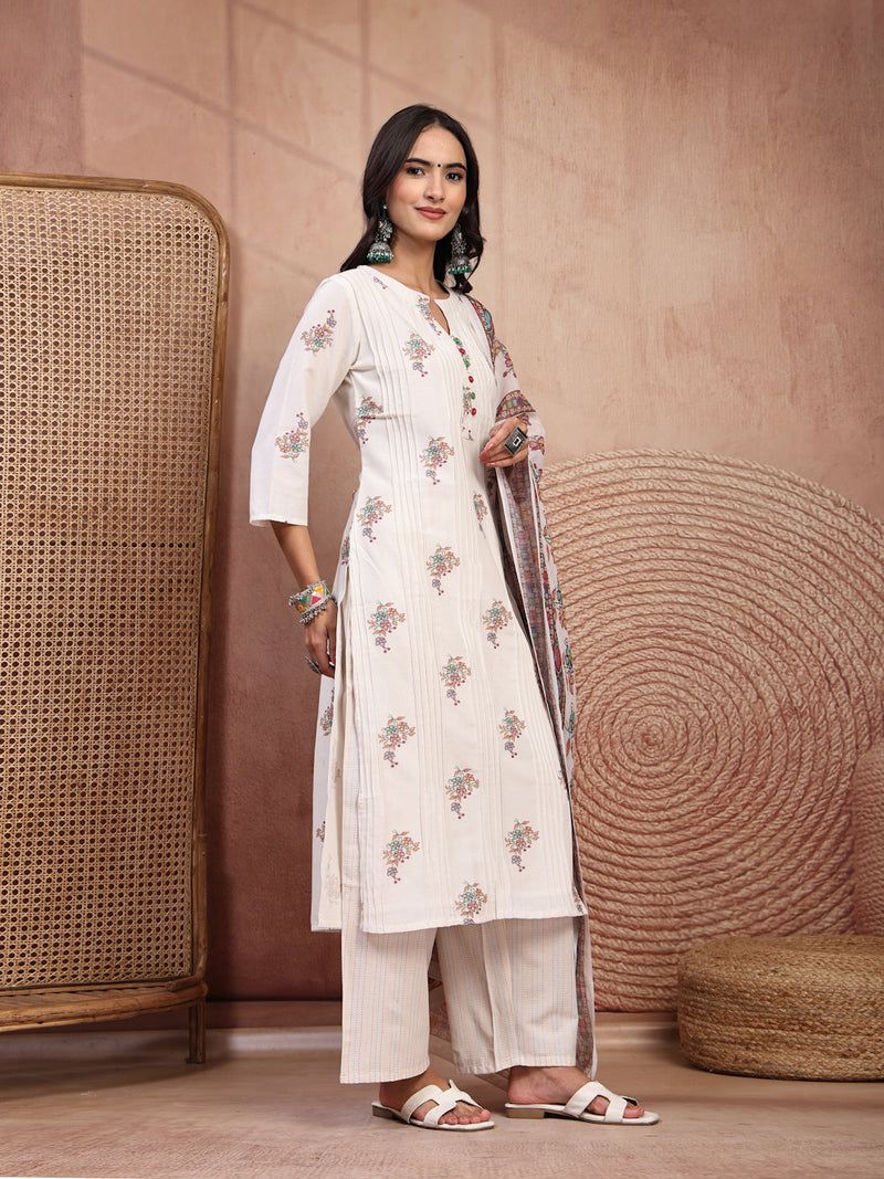 Elegant Off White Cotton Printed Straight Kurta Palazzo Set with Mandarin Collar