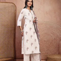 Elegant Off White Cotton Printed Straight Kurta Palazzo Set with Mandarin Collar