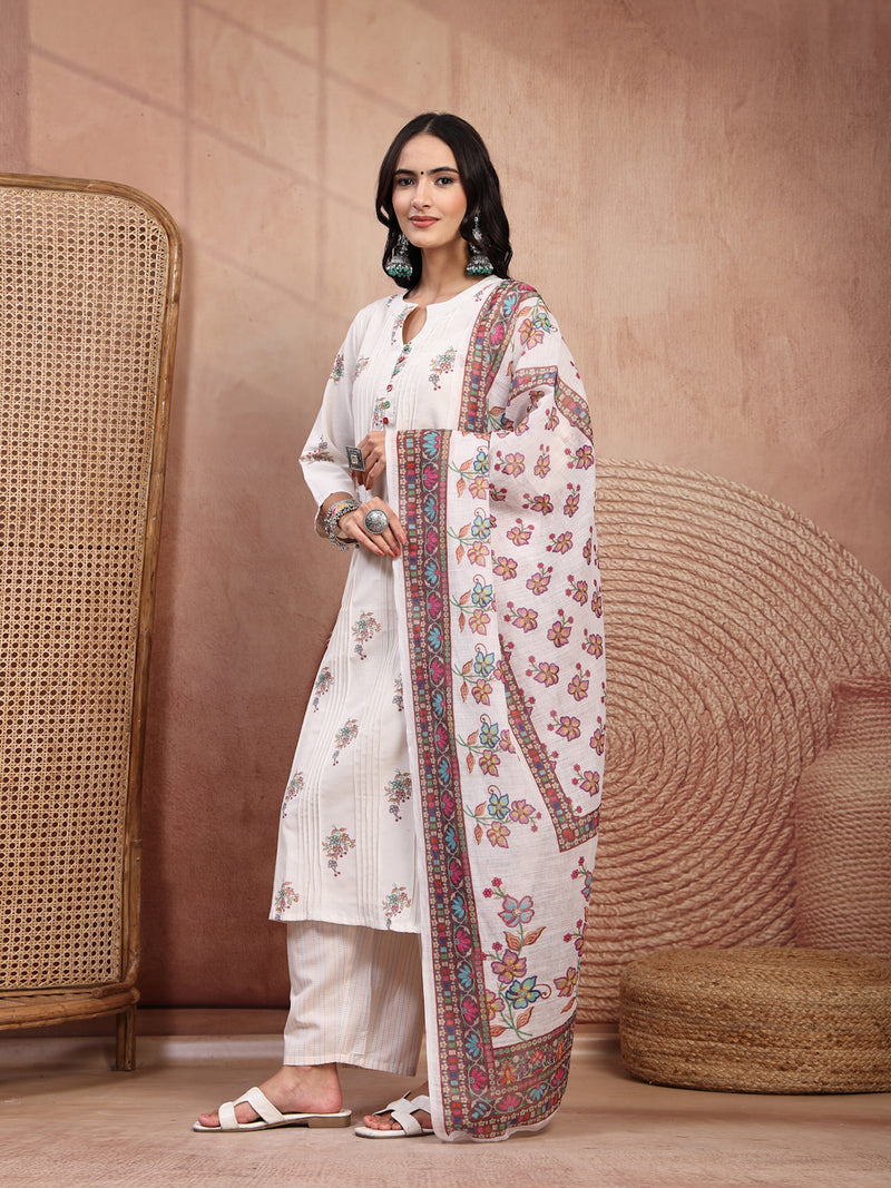 Elegant Off White Cotton Printed Straight Kurta Palazzo Set with Mandarin Collar