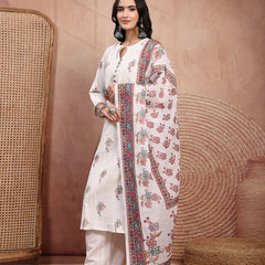 Elegant Off White Cotton Printed Straight Kurta Palazzo Set with Mandarin Collar