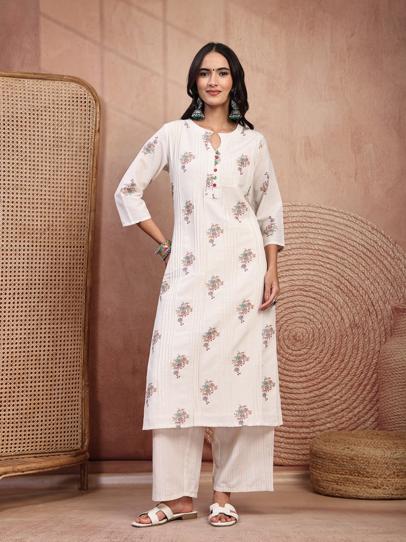 Elegant Off White Cotton Printed Straight Kurta Palazzo Set with Mandarin Collar