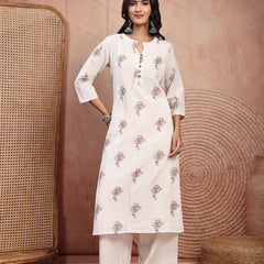 Elegant Off White Cotton Printed Straight Kurta Palazzo Set with Mandarin Collar