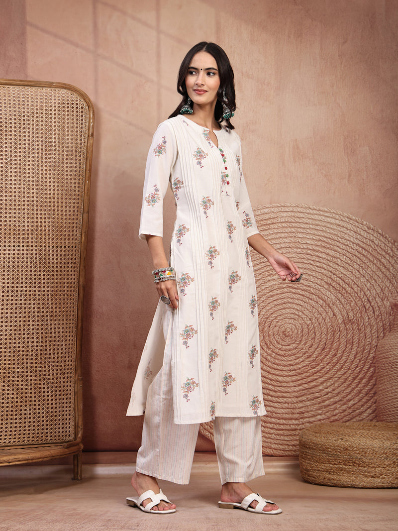 Elegant Off White Cotton Printed Straight Kurta Palazzo Set with Mandarin Collar