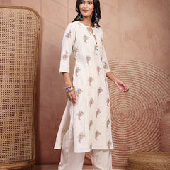 Elegant Off White Cotton Printed Straight Kurta Palazzo Set with Mandarin Collar