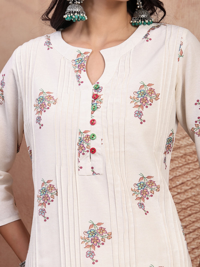 Elegant Off White Cotton Printed Straight Kurta Palazzo Set with Mandarin Collar