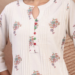 Elegant Off White Cotton Printed Straight Kurta Palazzo Set with Mandarin Collar