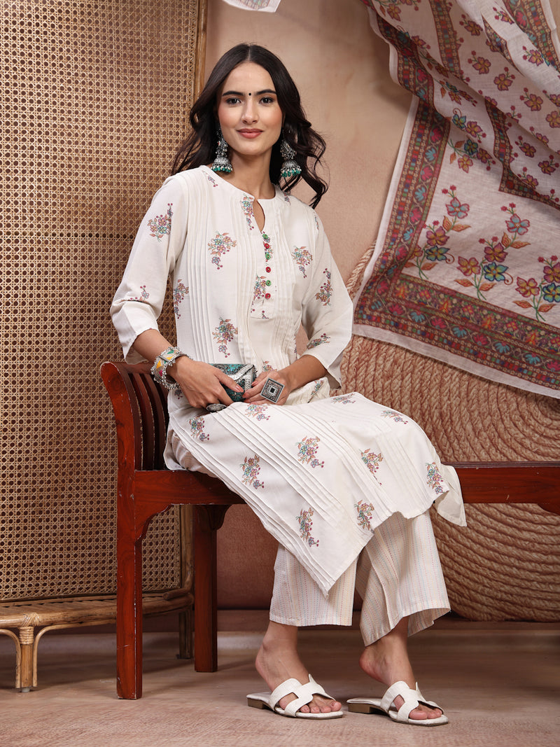 Elegant Off White Cotton Printed Straight Kurta Palazzo Set with Mandarin Collar