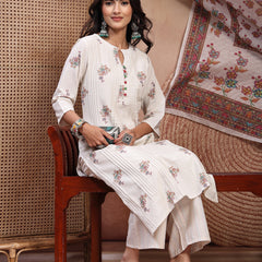 Elegant Off White Cotton Printed Straight Kurta Palazzo Set with Mandarin Collar