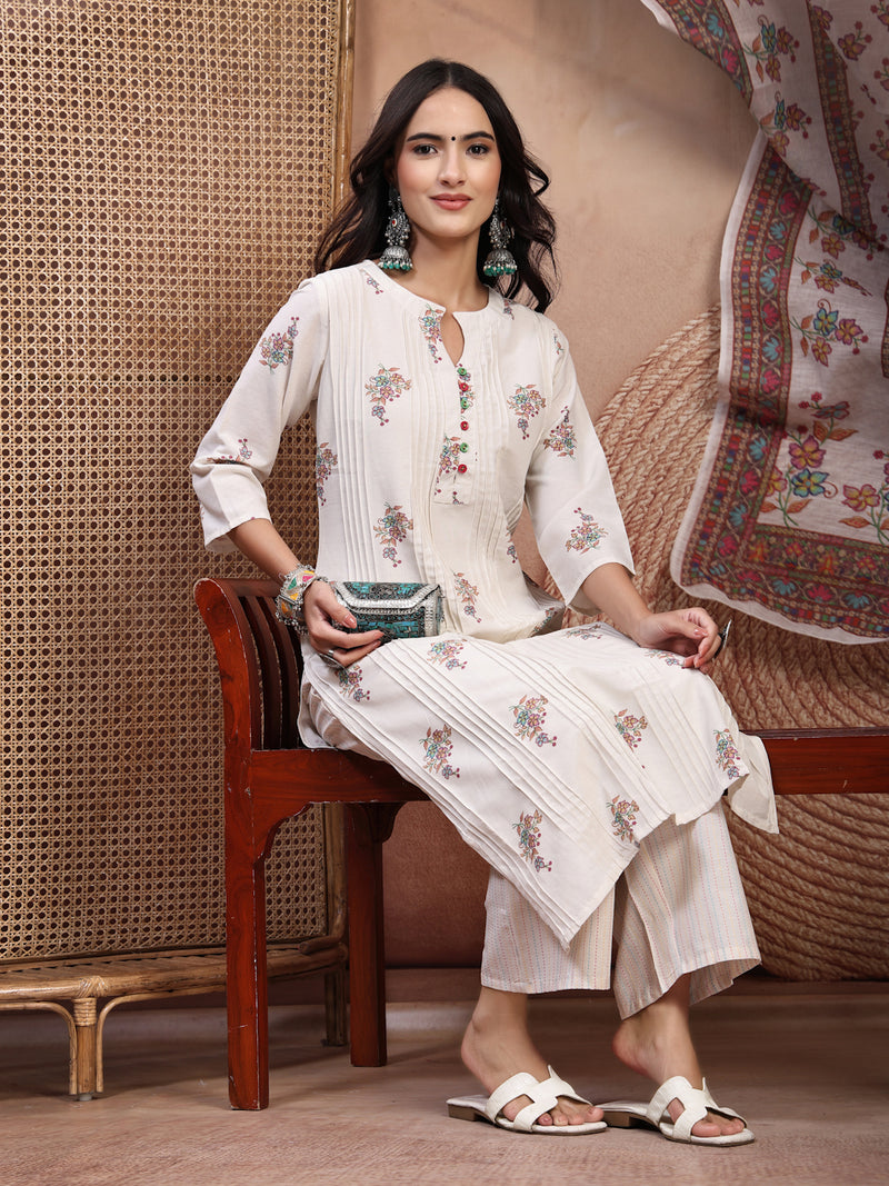 Elegant Off White Cotton Printed Straight Kurta Palazzo Set with Mandarin Collar